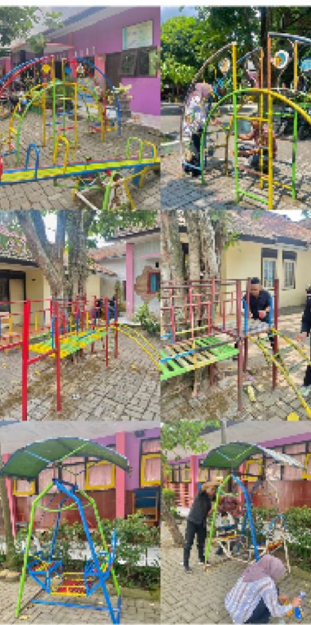 Anggota PMM UMM Kelompok 91 Cat Ulang Taman Bermain SDN Mojolangu 5 Kota Malang